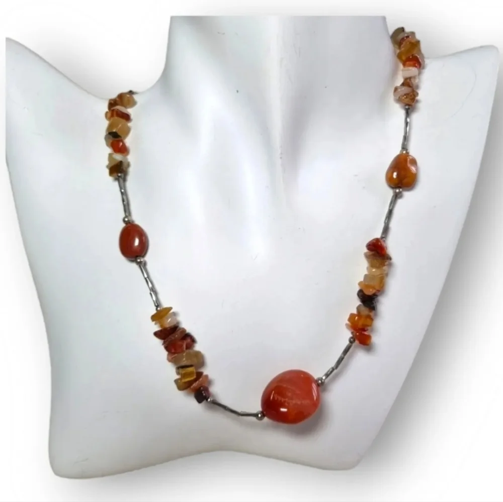 Sterling Silver Agate Necklace Amber Tone Toggle Clasp - Picture 2 of 10